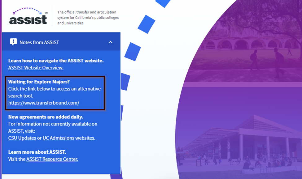 Notes from ASSIST - Link to alternative exploring majors tool Notes from ASSIST - Link to alternative exploring majors tool